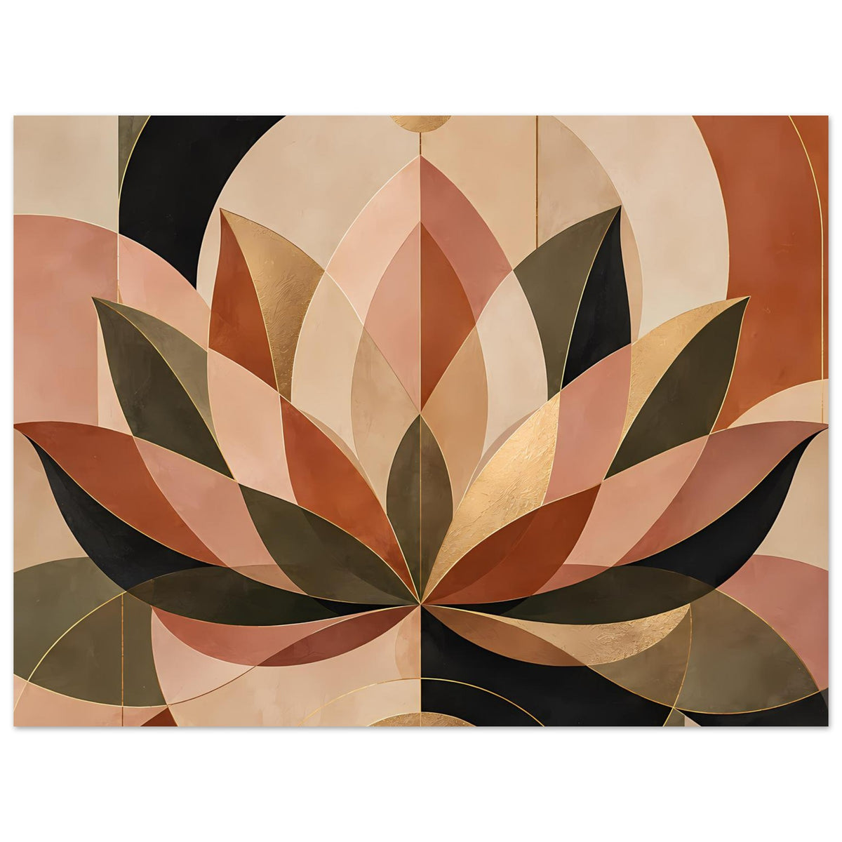 Breites geometrisches Lotusposter mit warmen Erdtönen und goldenen Akzenten, ohne Rahmenkante