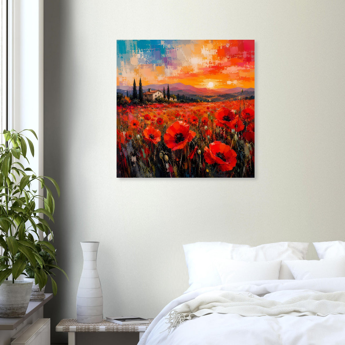 Quadratisches Poster mit rotem Mohnblumenfeld und mediterraner Sonnenuntergangslandschaft