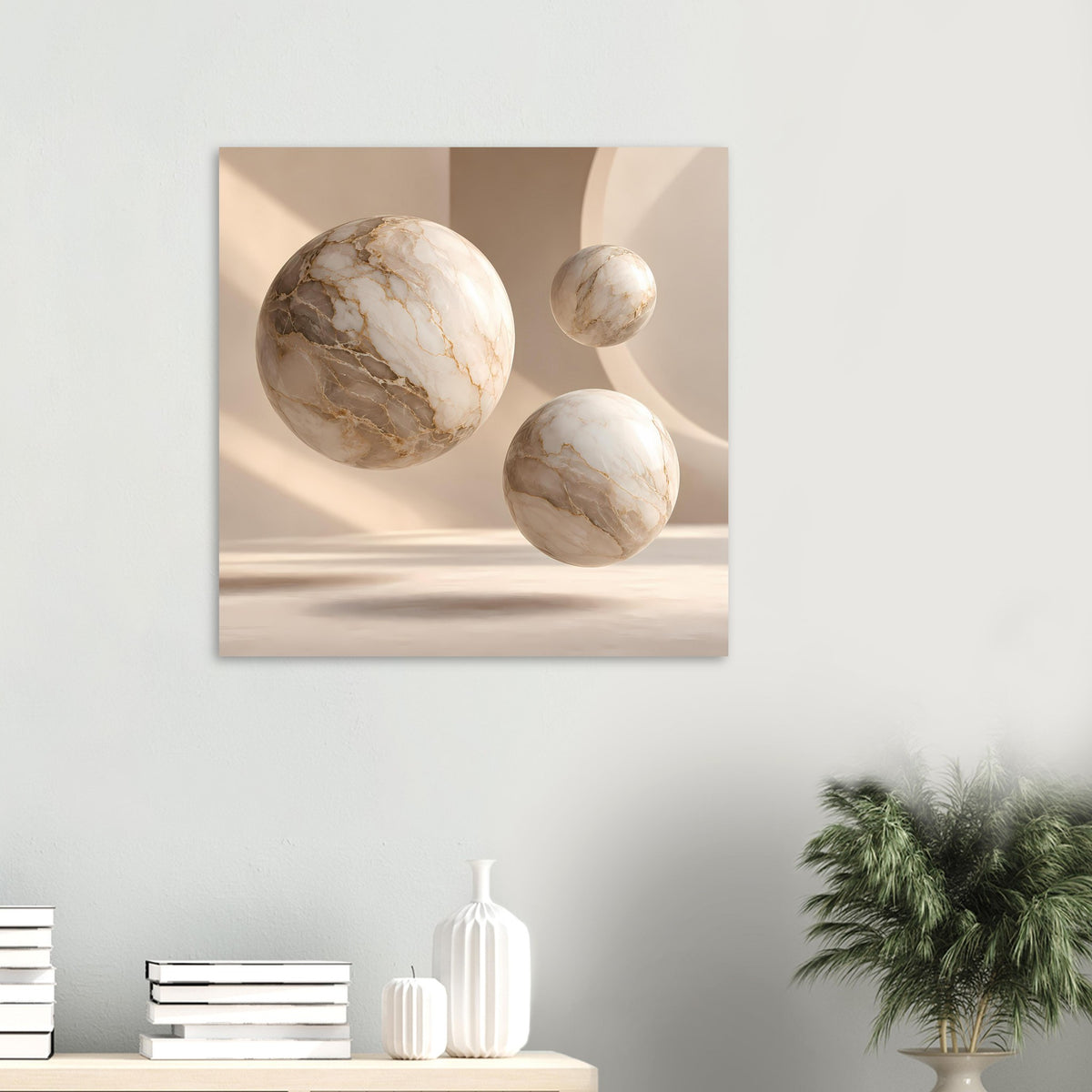 Poster im Querformat mit drei Marmorkugeln, helle Marmorsprenkel und goldbraune Adern