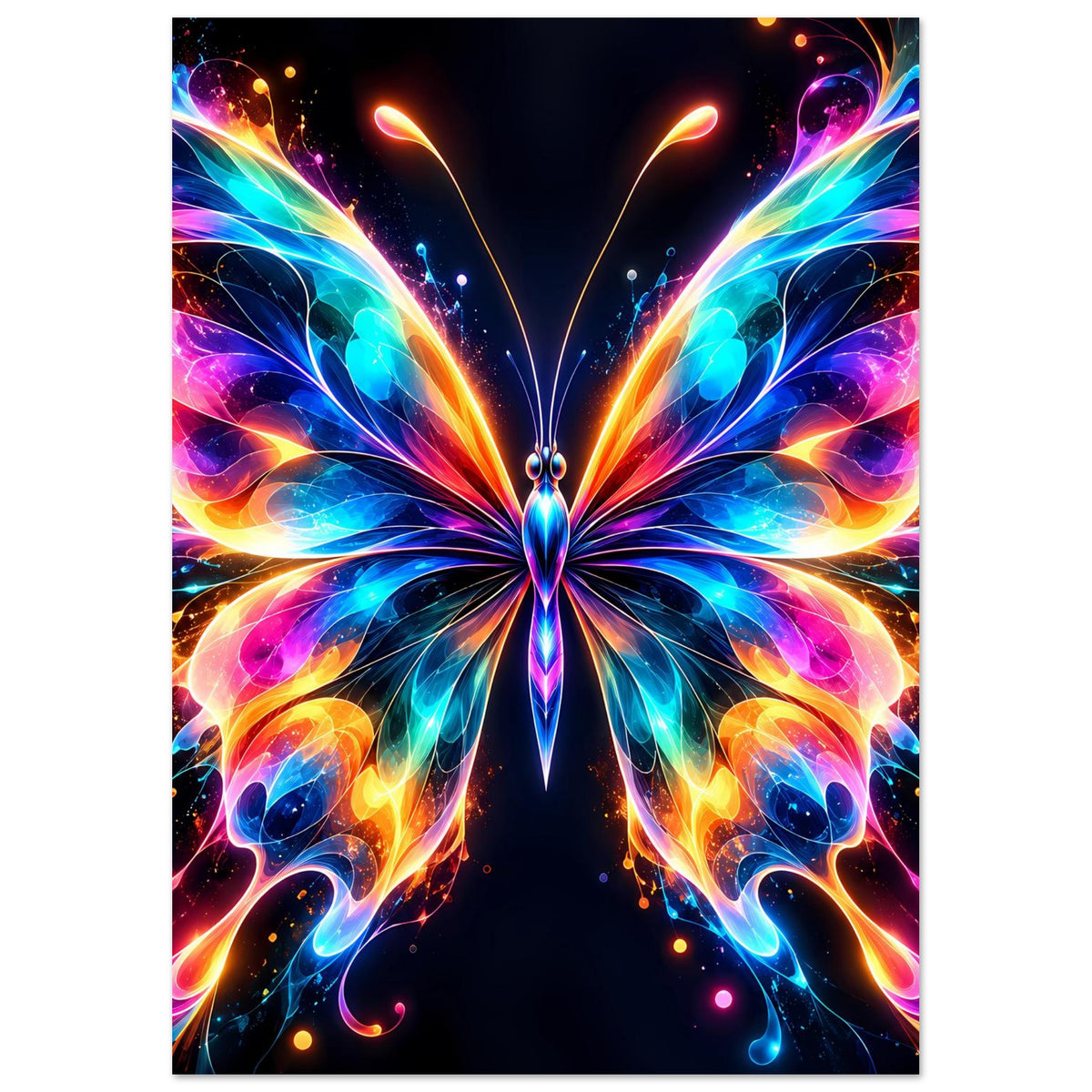 Neon-Schmetterlingsposter, zentraler Schmetterling mit bunten Flügelspitzen und Farbströmen