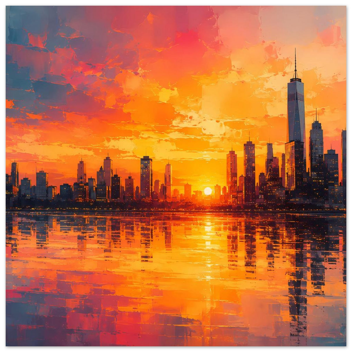 Großstadt-Skyline-Poster, Sonnenuntergang mit Wasserspiegelung und markantem Hochhaus rechts