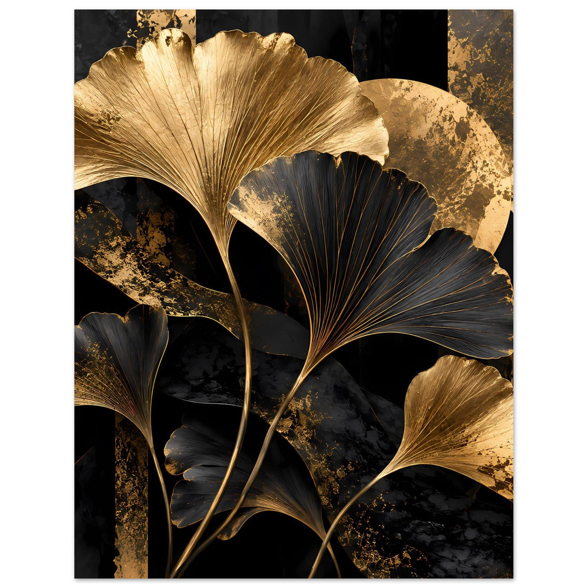 Botanisches Poster, vertikal: große goldene Ginkgo-Blätter und dunkle Blätter im Kontrast