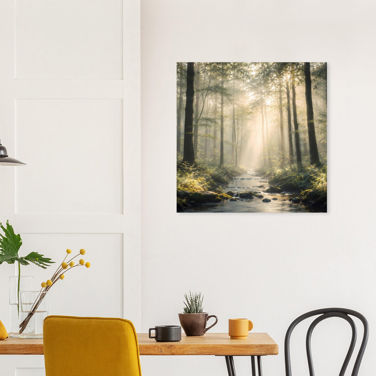 Gerahmtes Natur-Poster: Wald mit Lichtstrahlen und Bachlauf in ruhiger Szene