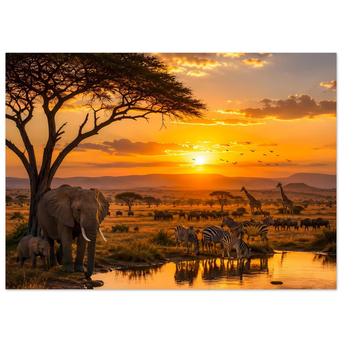 Poster mit Elefantenherde links und Zebras am Wasserloch in der goldenen Savanne