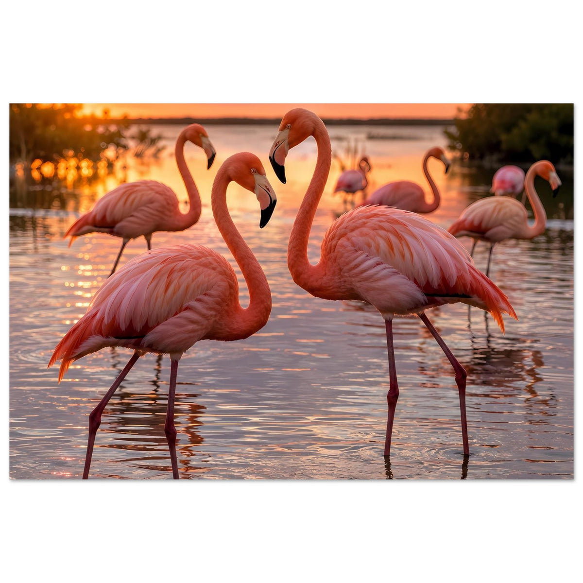 Flamingo-Poster: mehrere rosafarbene Vögel am Seeufer bei Sonnenuntergang