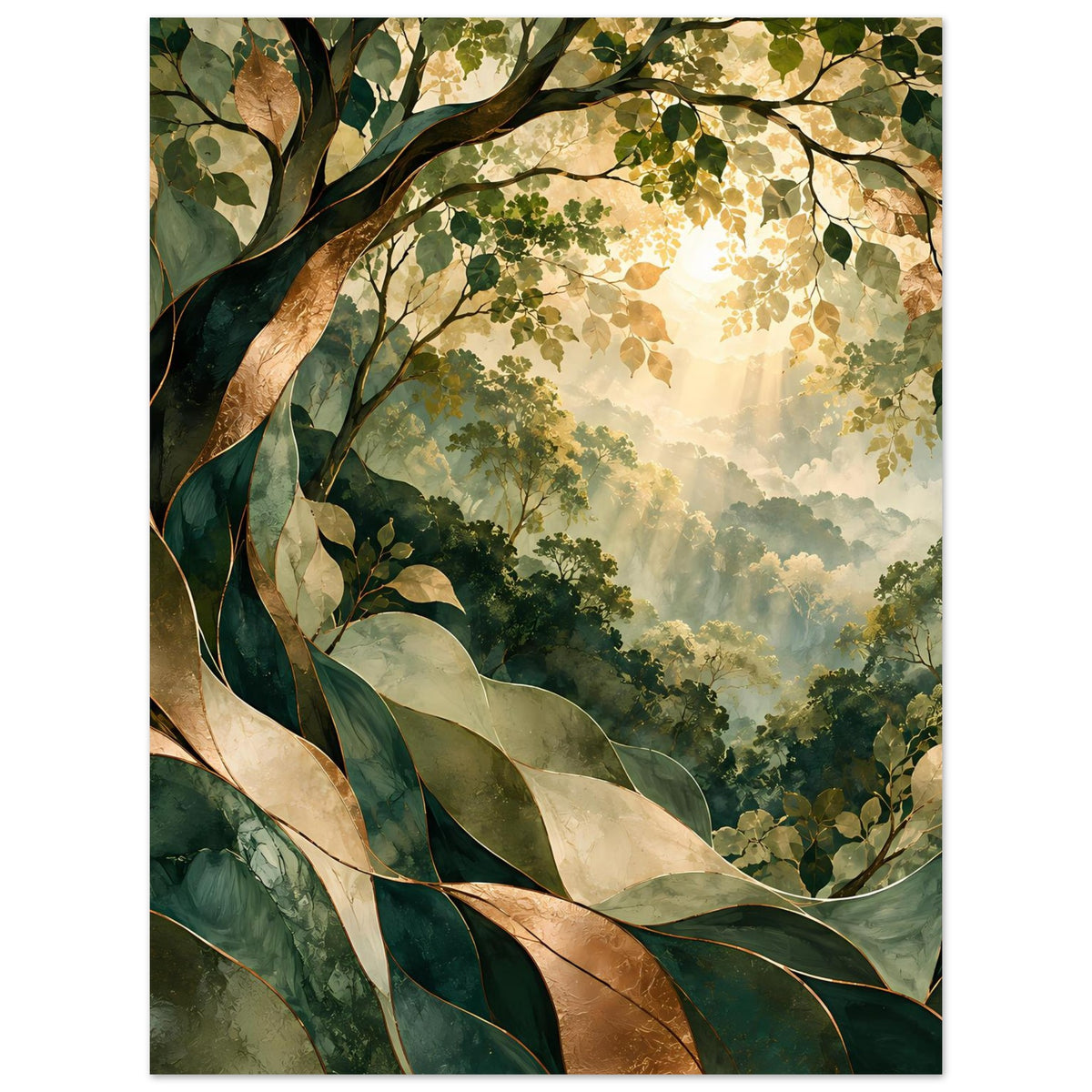 Naturposter mit ausladenden Blättern und tiefem Waldbild, warme Gold- und Grüntöne
