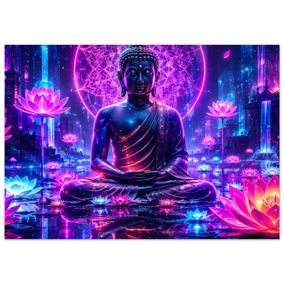 Buddha-Meditationsposter: sitzender blauer Buddha, Lotusblüten in Neonfarben, Neon-Zeichenkreis