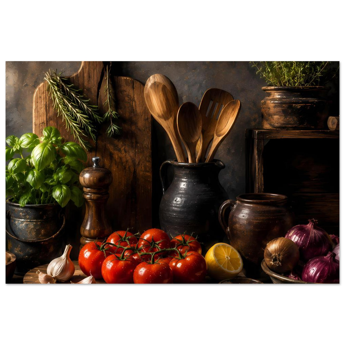 Poster mit Küchenstillleben: Tomaten, Kräuter, Holzlöffel und Zwiebeln in Keramikgefäßen