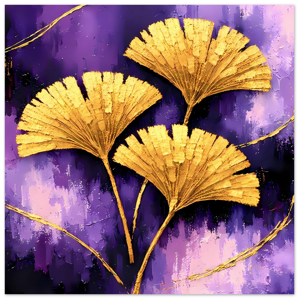 Poster mit goldenen Ginkgo-Blättern auf violettem abstraktem Hintergrund, mit drei Fächerformen