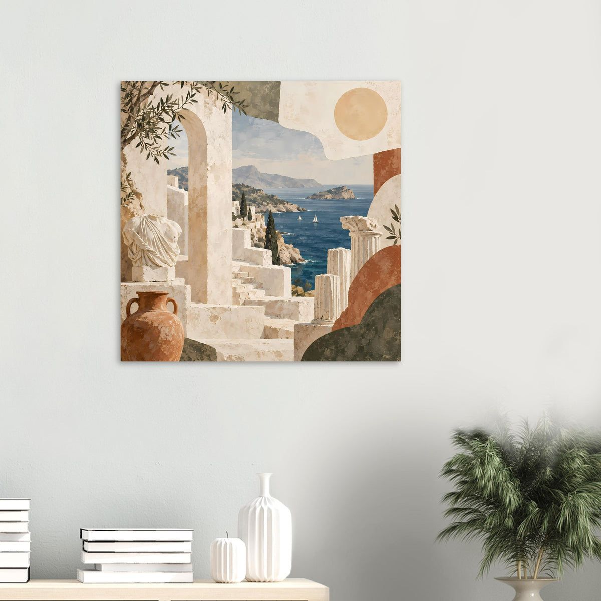 Urlaubs-Poster mit Blick aufs Meer: historische Architektur, Amphore und Segelboote