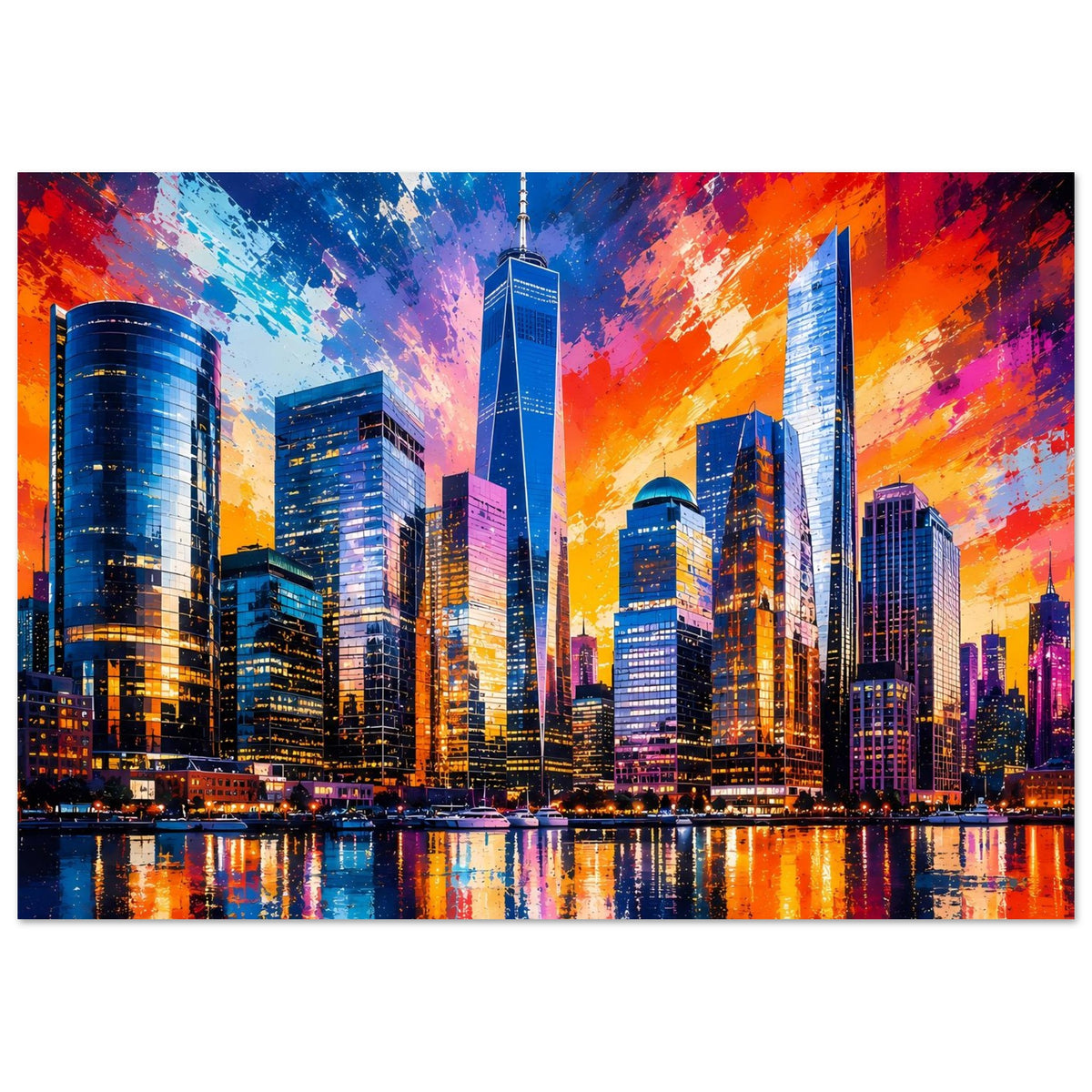 Querformatiges Poster mit farbiger Skyline und glitzerndem Wasserreflexionsmuster im unteren Bereich.