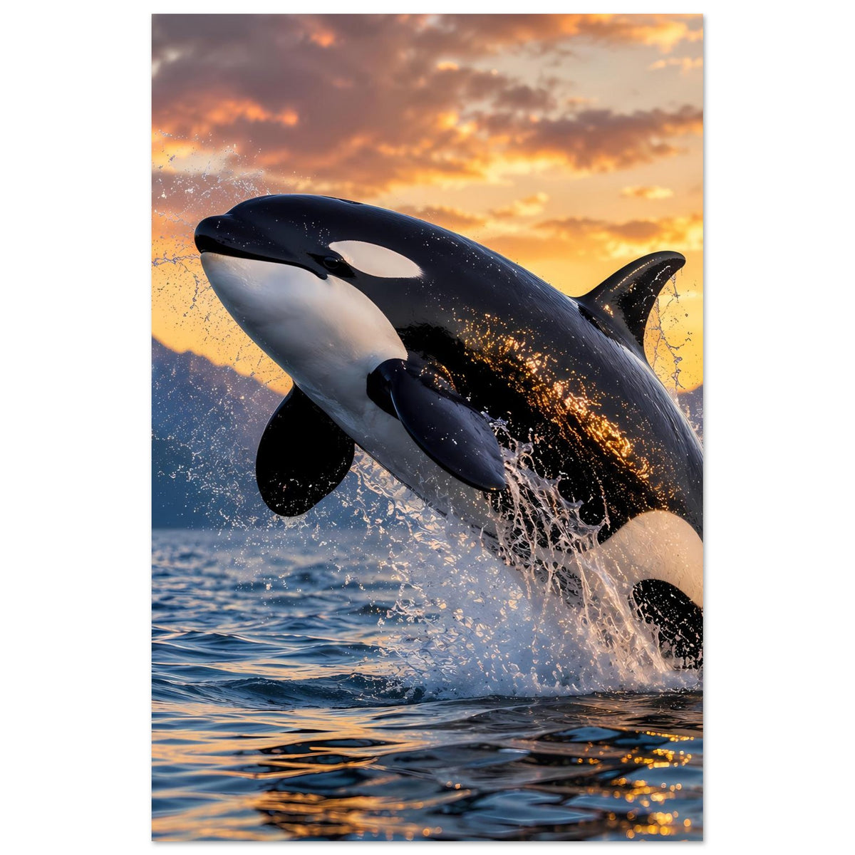 Poster im Hochformat mit springendem Orca: schwarzer Rücken, Spritzer und Wellen