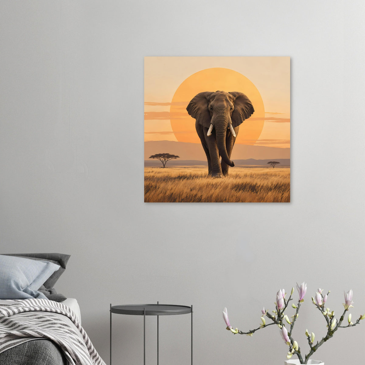 Wandposter mit Elefant in kleiner Darstellung: orange Sonnenkreis über Savannenlandschaft