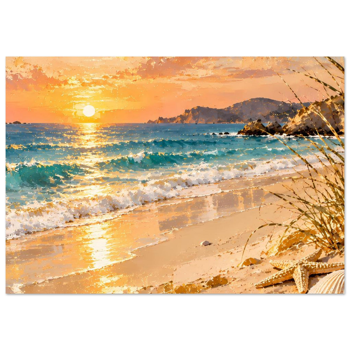 Horizontales Poster Strandmotiv: Sonne am Horizont, Wellen, Sand, Seil im Vordergrund