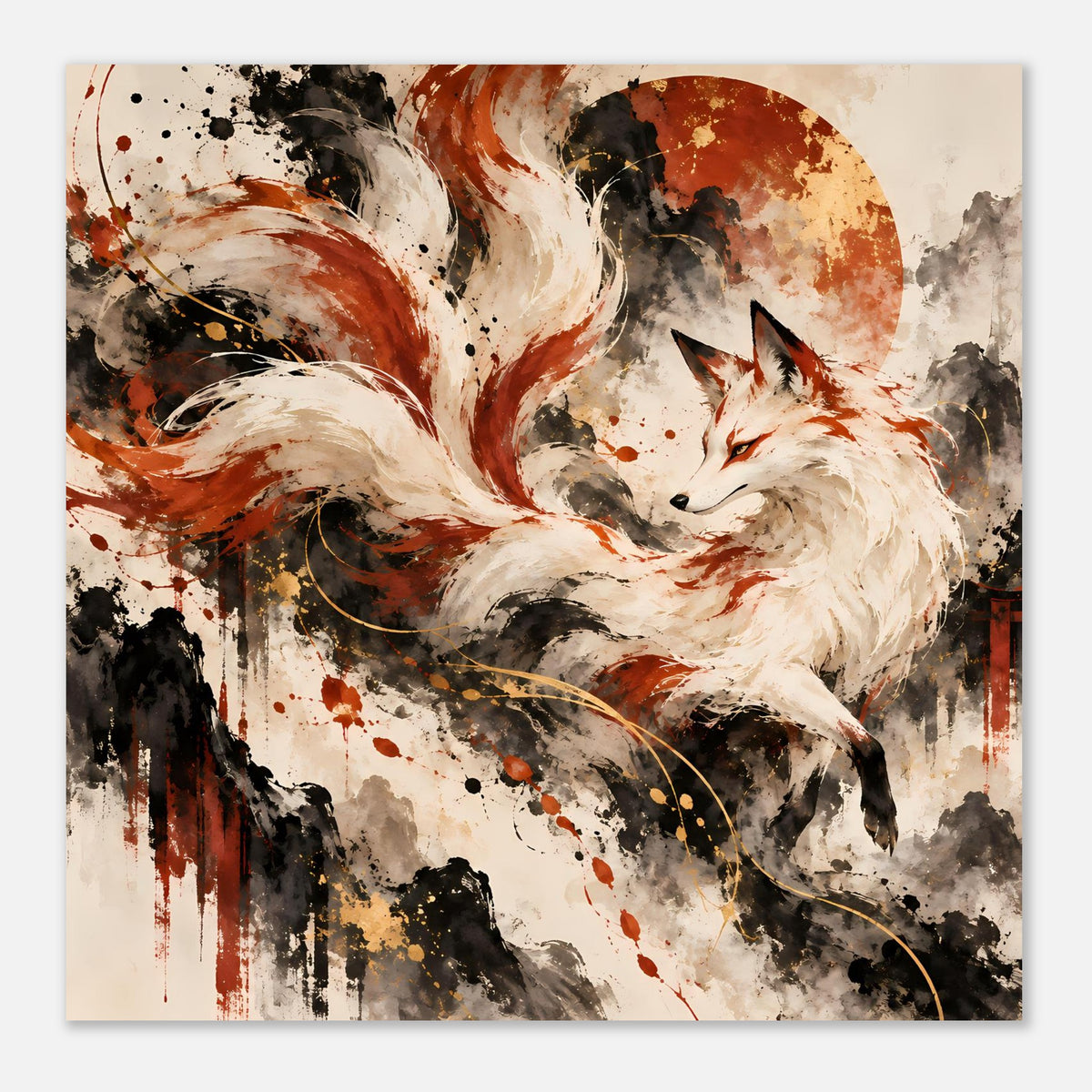 Nahansicht-Fantasy-Poster mit weißem Fuchs und neun Schweifen, Erdtöne und Spritzoptik