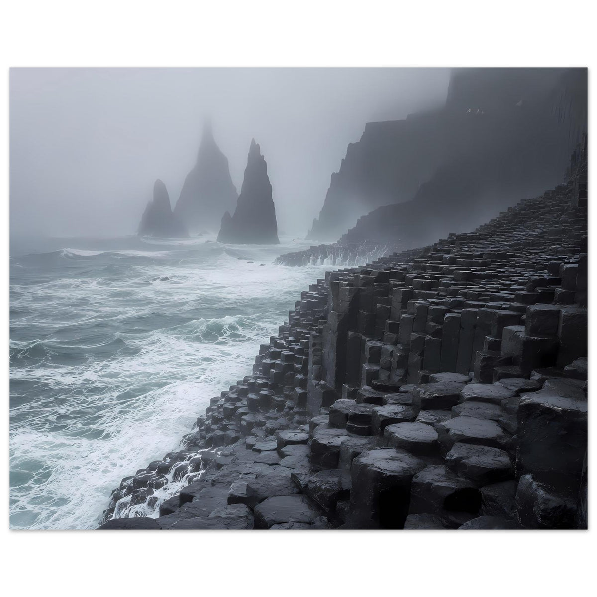 Horizontales Poster: schwarze Basaltblöcke am Küstenrand, Wellen und Nebel