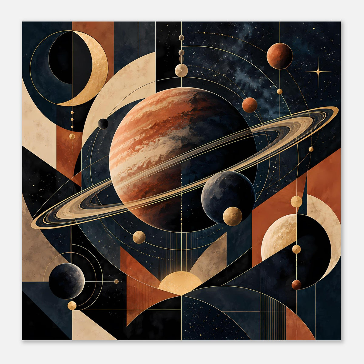 Rechteckiges Poster mit Planetensystem, Saturnring und Punktlinien; dunkelblauer Hintergrund, warme Töne.