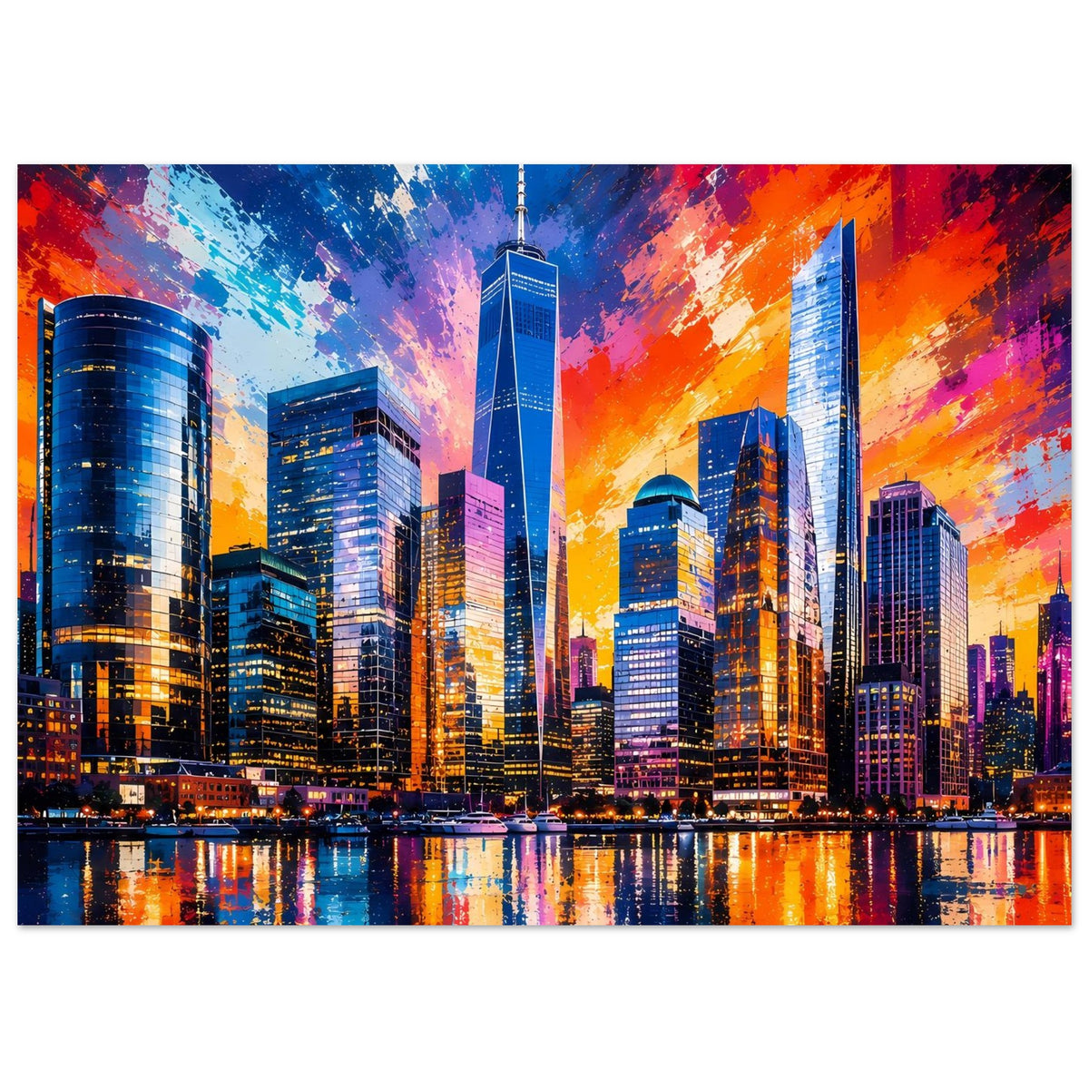Stadtposter mit leuchtender Skyline, kräftige Sunset-Töne, zentraler Wolkenkratzer und Wasserreflexion