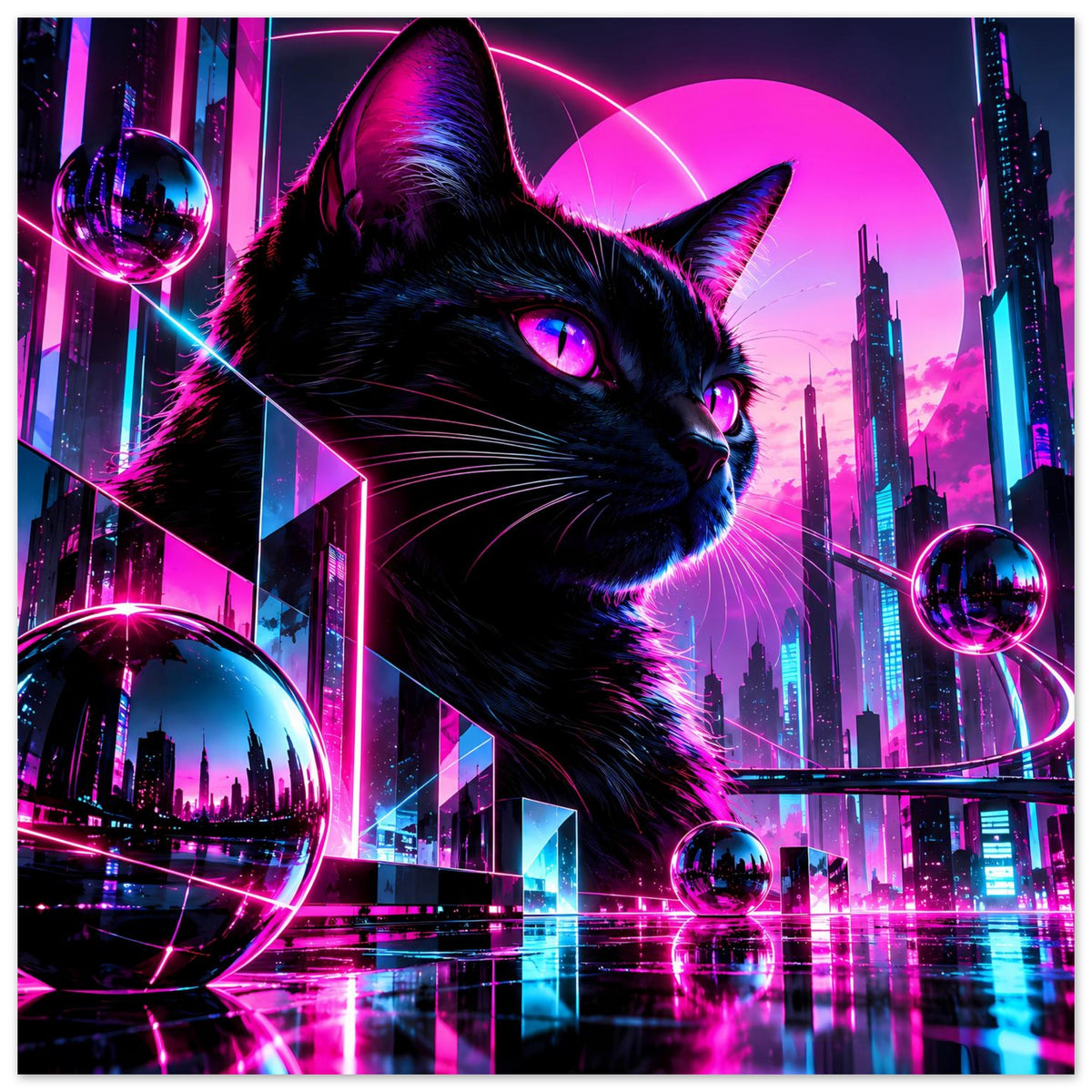 Neonkatzen-Poster mit schwarzem Kater, pink-lila Neonlichtern und gläsernen Kugeln