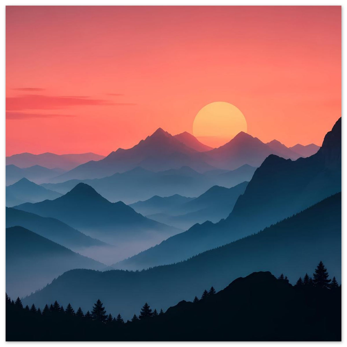 Landschaftsposter mit Sonnenuntergangshimmel in Rosa und großer gelber Sonne über blauen Bergen