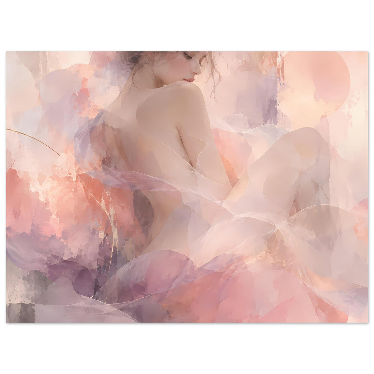 Querformatiges Poster mit abstraktem Aquarell-Frauenporträt in Pastellrosa und Lavendel