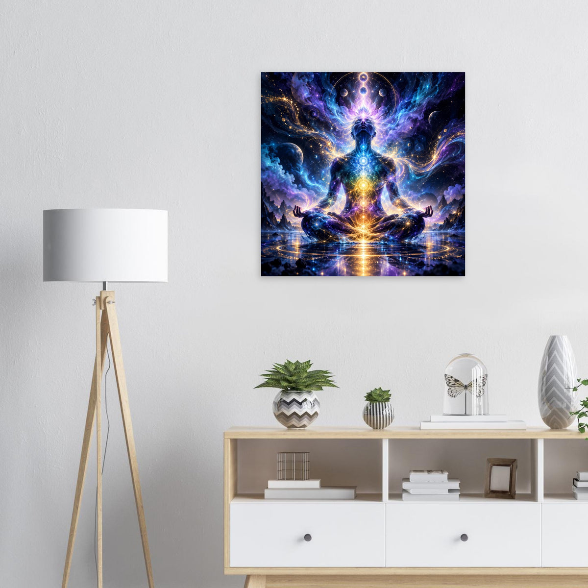 Meditierende Chakrafigur im Sternenmeer, farbenfrohes spirituelles Poster mit spiegelnder Lichtfläche