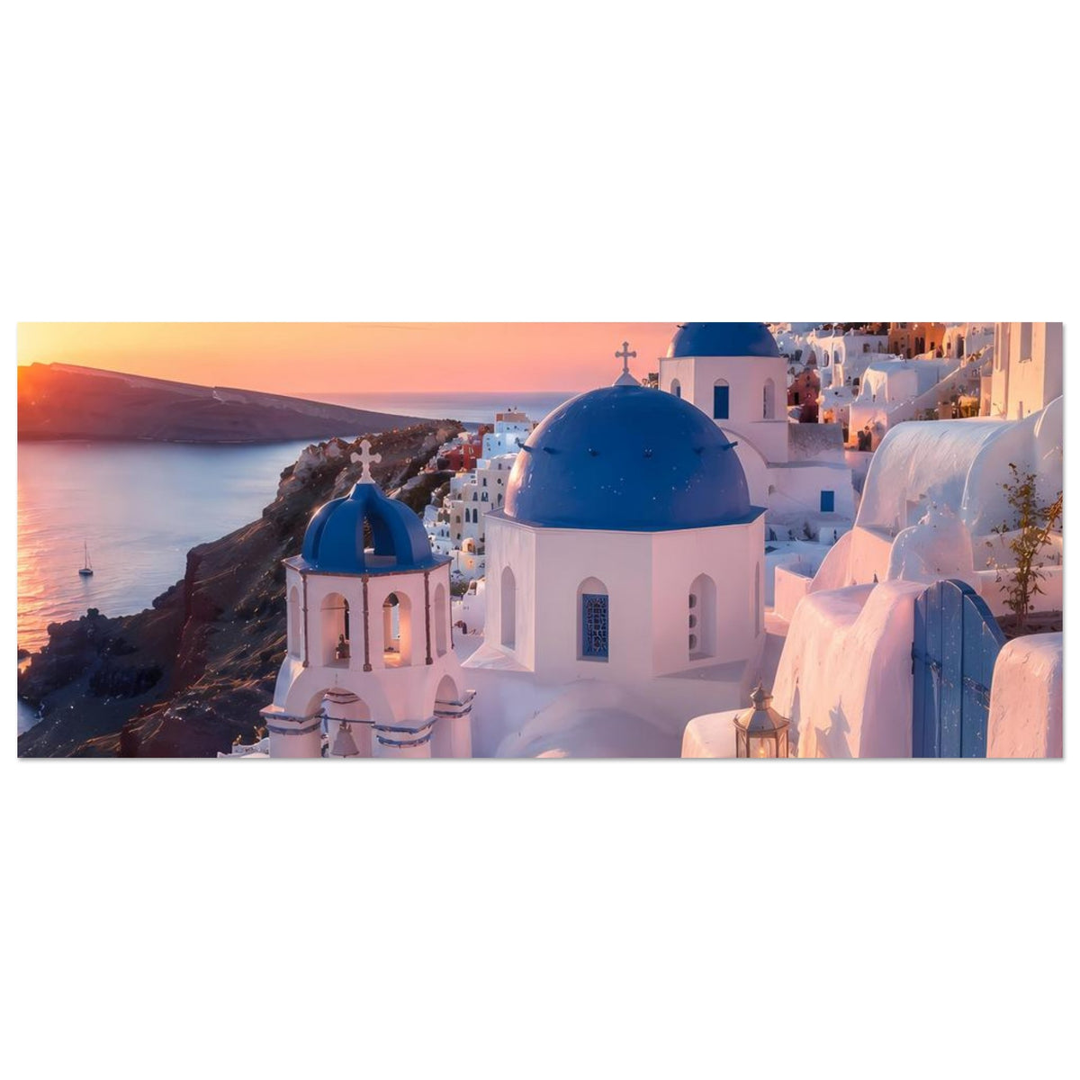 Hochformatiges Poster mit Kirche, blauer Kuppel und Sonnenuntergang über dem Meer
