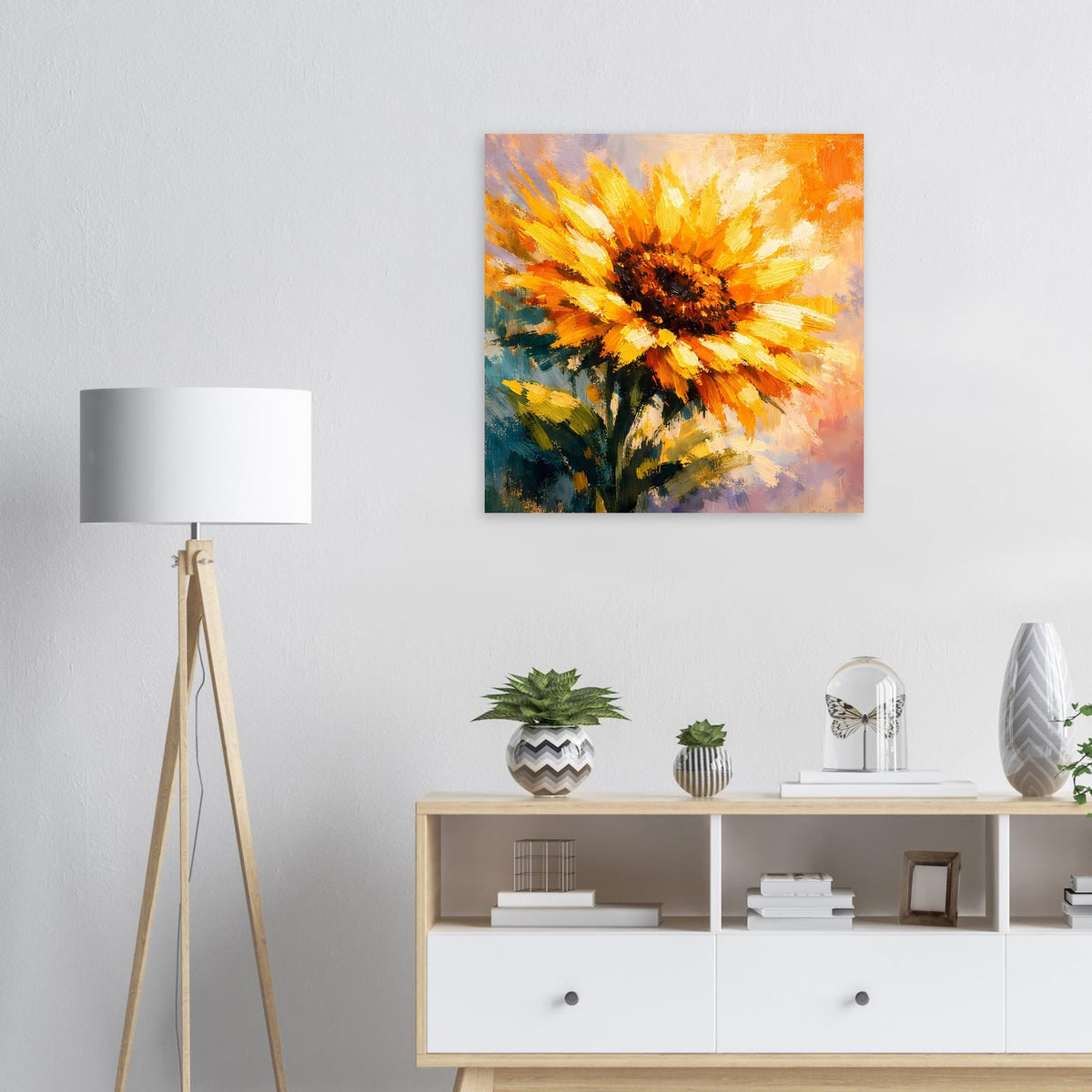 Quadratisches Poster mit Sonnenblumenmotiv, gelb-orange Blütenstrahlen und dunkler Mitte