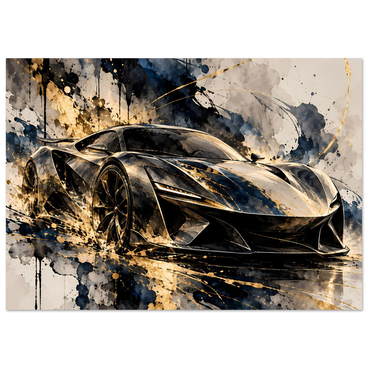 Poster mit Supersportwagen seitlich, Schwarz und Gold, abstrakte Spritzfarbe, Querformat