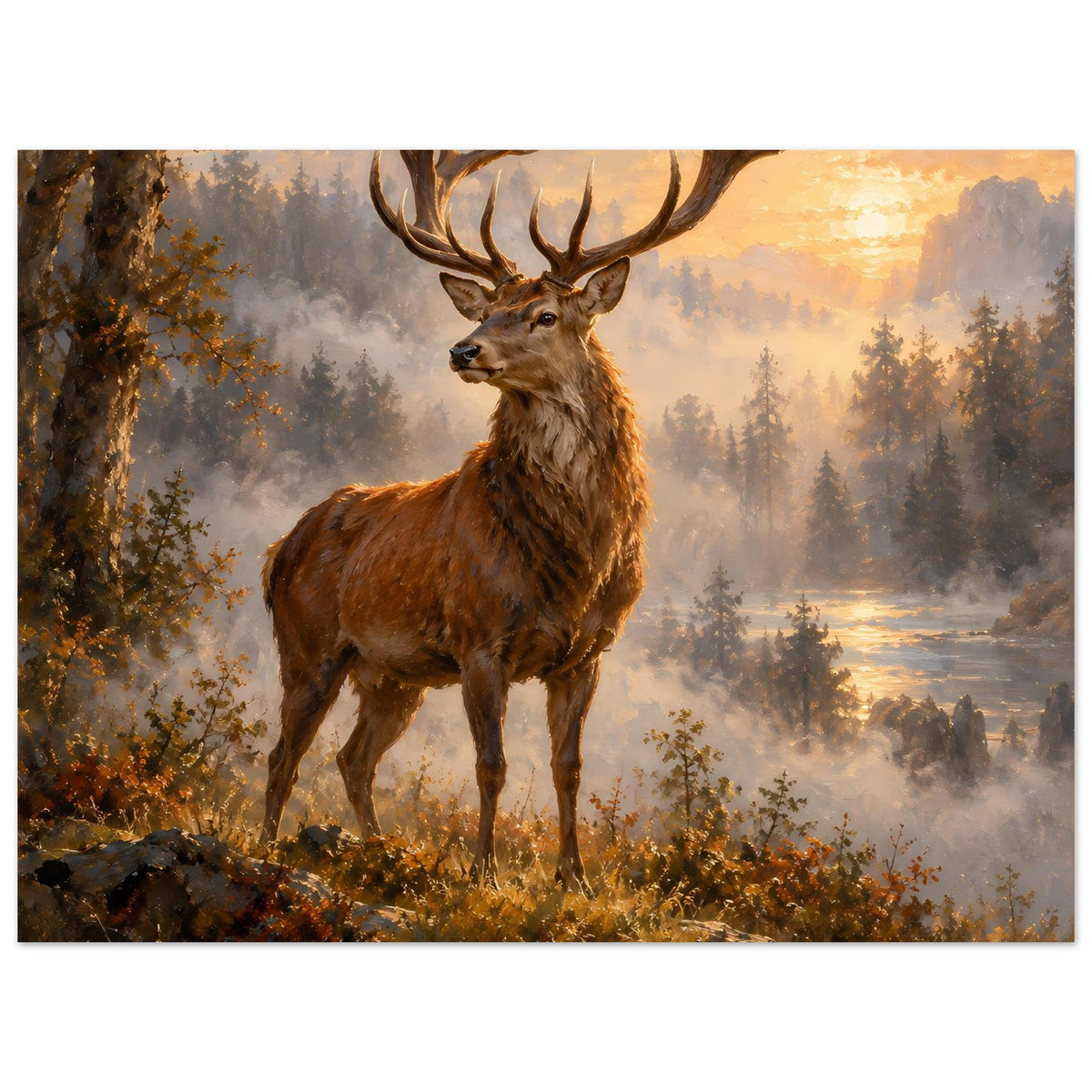 Hirschposter, brauner Geweihhirsch im nebligen Wald bei warmem Sonnenaufgang