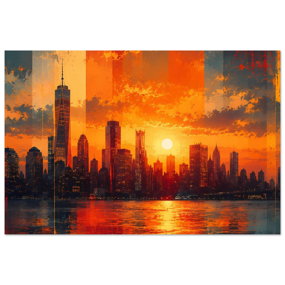 Stadt-Sonnenuntergangs-Poster im Querformat mit Skyline-Silhouetten und Sonnenreflexen