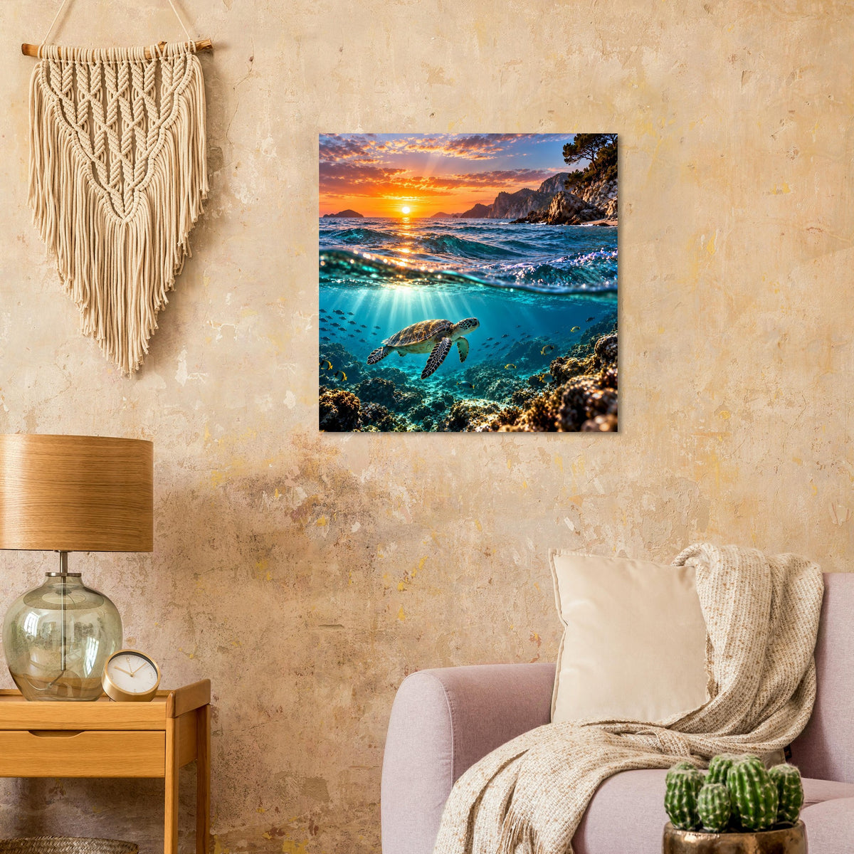 Quadratisches Wandposter mit Meeresschildkröte im türkisblauen Wasser bei Sonnenuntergang