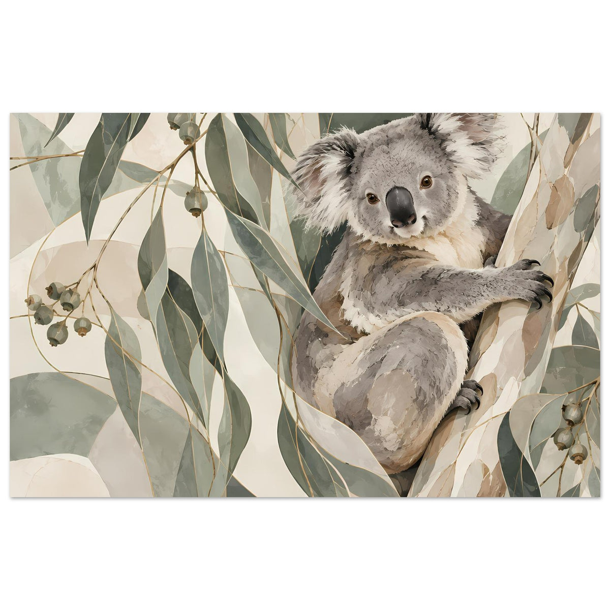 Koala-Tierposter im Querformat mit großem Koala-Porträt und Blättermotiv in erdigen Farben