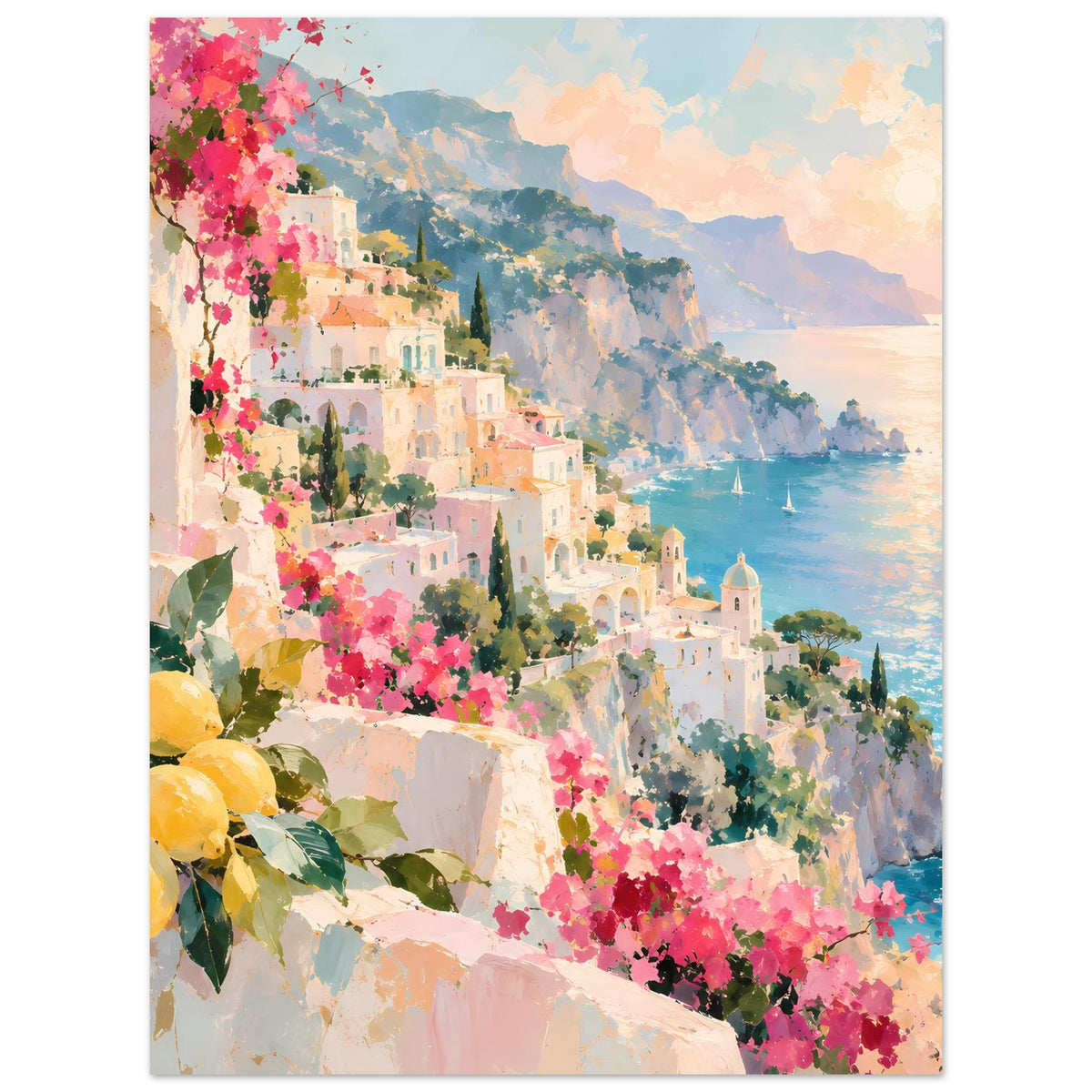 Mediterranes Küstenstadt-Poster mit pinken Blumen, Zitronen und blauem Meer