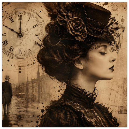 Vintage-Poster im Sepia-Look mit Frauenprofil, Federhut mit Rose und Ornamenten