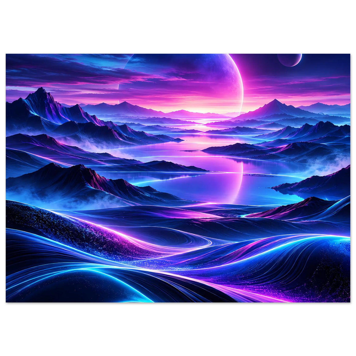 Horizontales Neon-Weltraum-Poster mit leuchtenden Nebelbergen und lila-blauen Lichtströmen