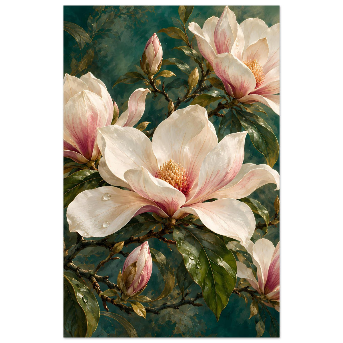 Blumenposter mit großen Magnolienblüten in Creme und Rosa, grünes Laub und Knospen