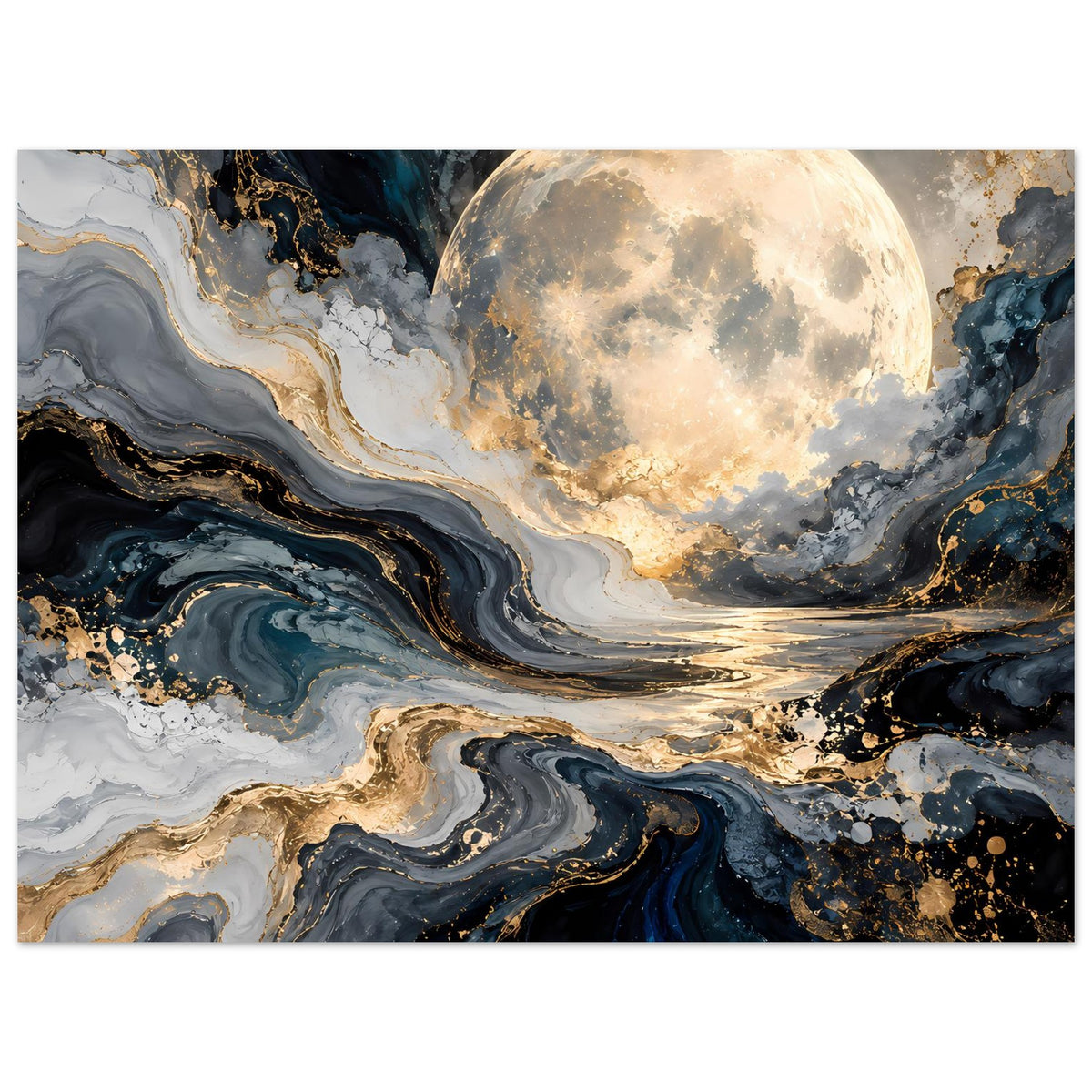 Poster im Querformat: Mond über goldenen Lichtstreifen und schwarzen/blauen Farbswirl