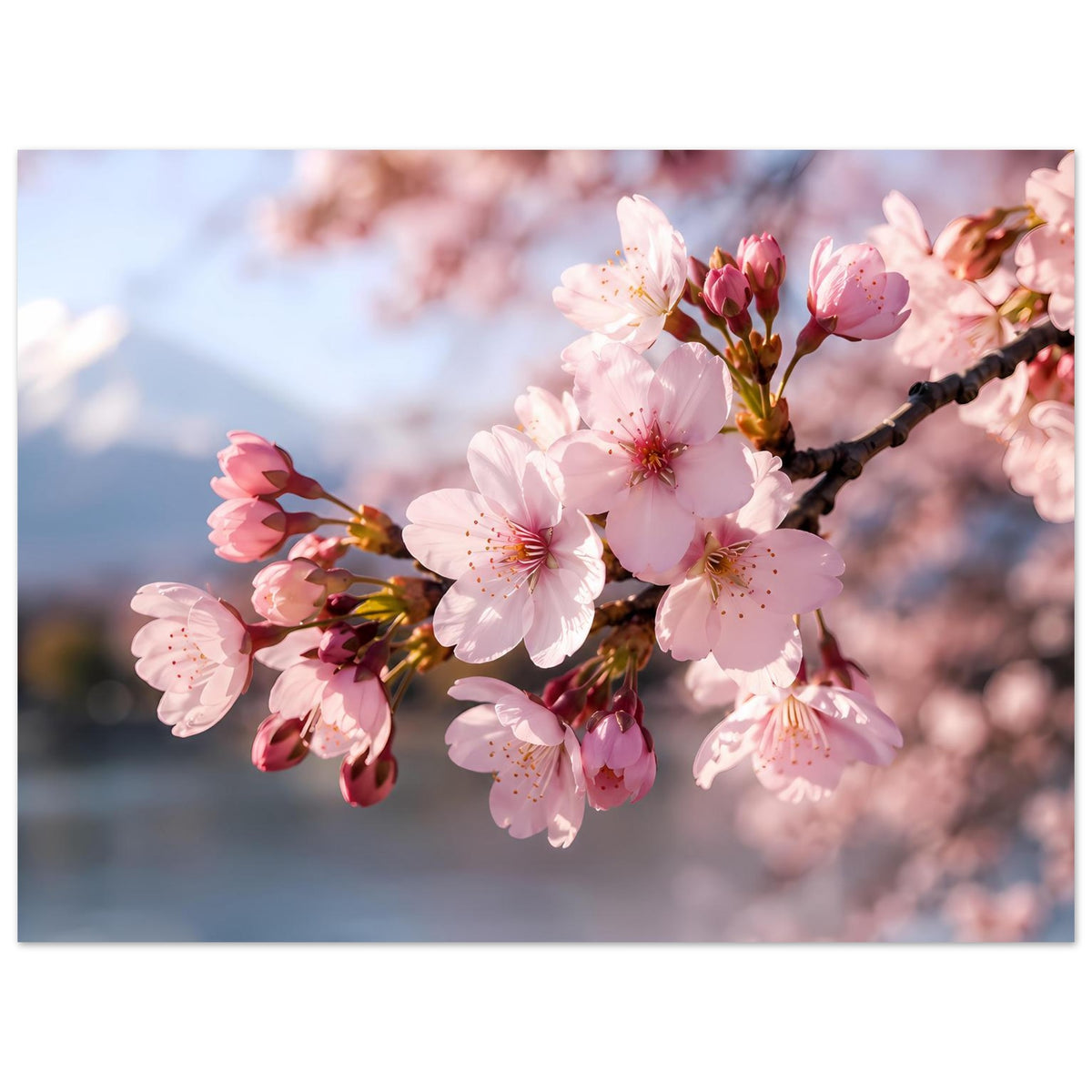 Wandposter mit Kirschblütenzweig und rosafarbenen Blüten, Nahansicht