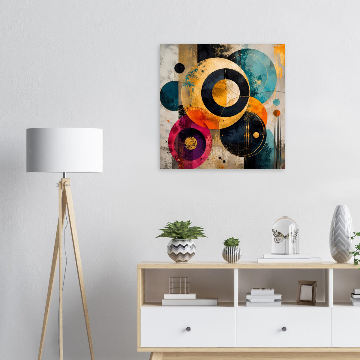 Abstraktes Kreis-Poster: bunte Ringe, Kreise und Farbspritzer auf hellem Hintergrund