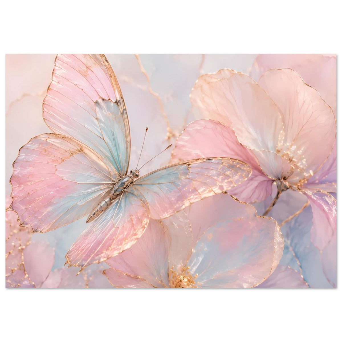 Aquarell-Poster mit Schmetterling in Rosé, Blau und Goldakzenten
