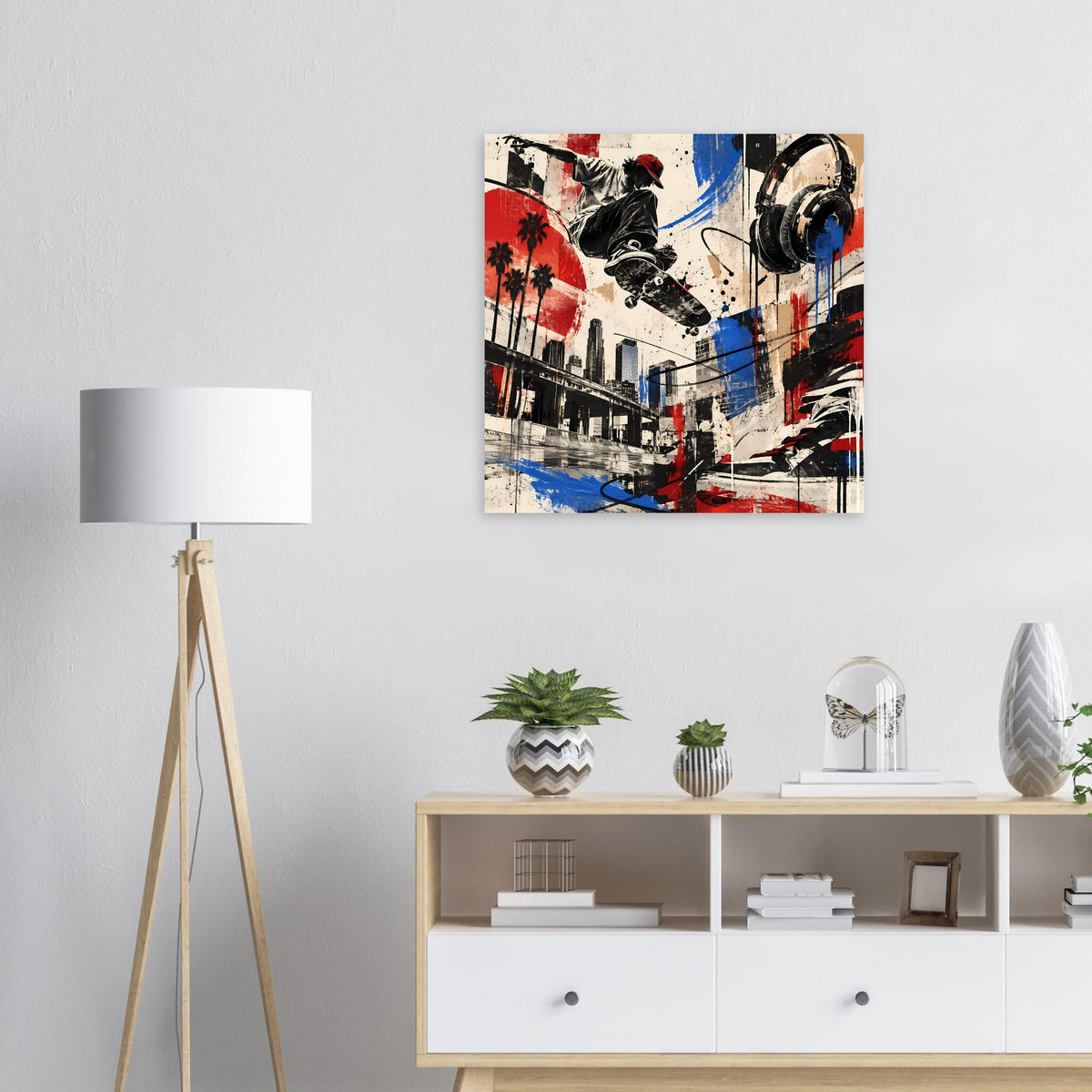Gerahmtes quadratisches Poster mit abstraktem Skate-Motiv in Rot, Blau und Schwarz.