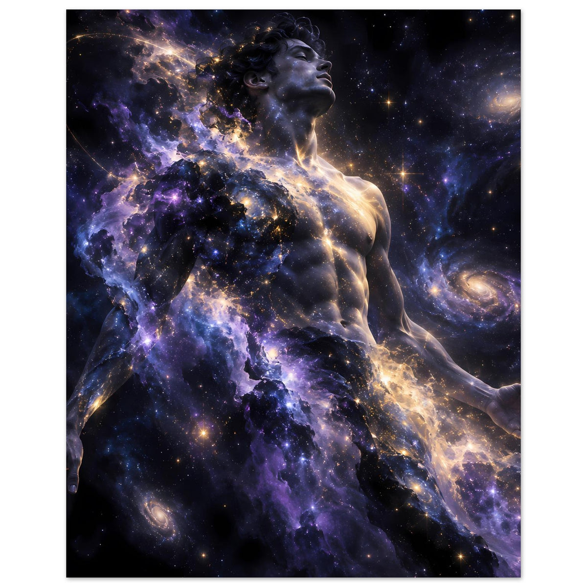 Galaxienposter: Porträt einer Figur aus Sternenstaub, violett-gold leuchtend
