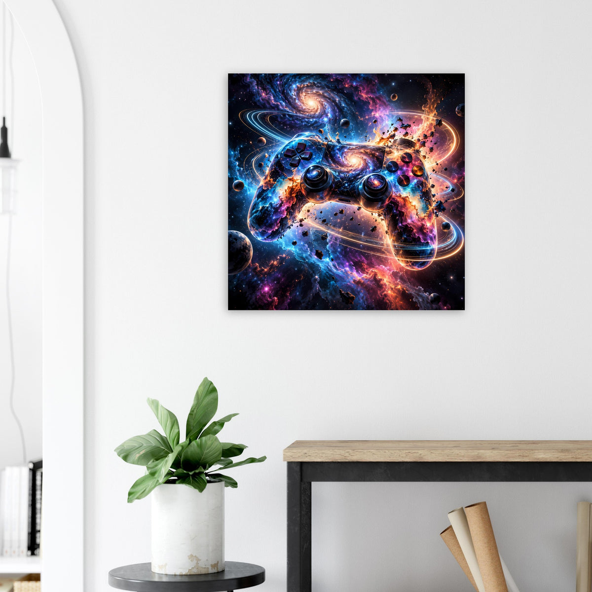 Quadratisches Poster mit kosmischem Gaming-Controller-Motiv, kräftige Farben und leuchtende Ringe