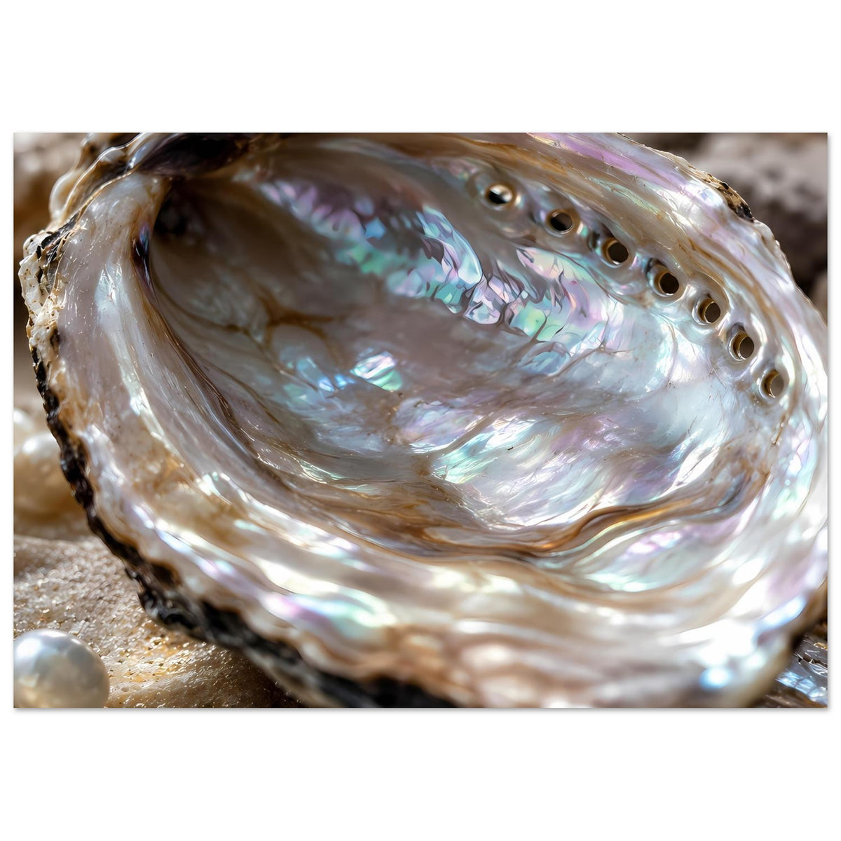 Schillernde Abalone-Muschel mit Perlmuttglanz, mit kleiner Perle am Rand