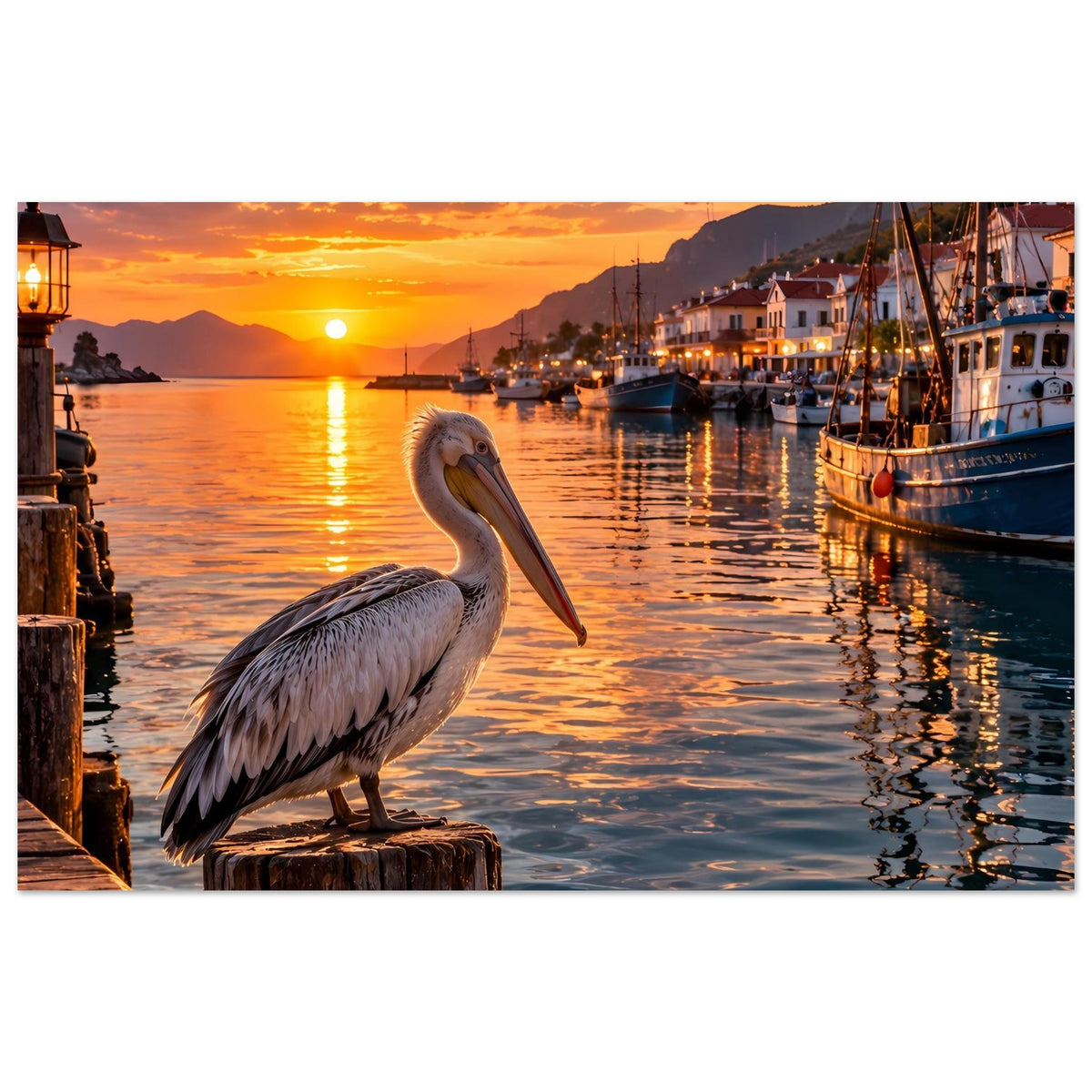 Horizontales Poster: Pelikan auf Holzpfahl am Hafen bei goldener Abendsonne