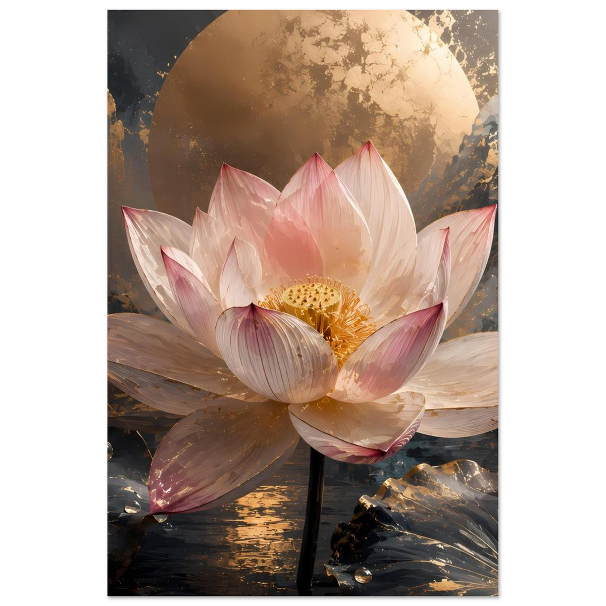 Poster mit rosa Lotusblüte, goldene Mondsichel im Hintergrund, dunkle Blätter und goldene Akzente