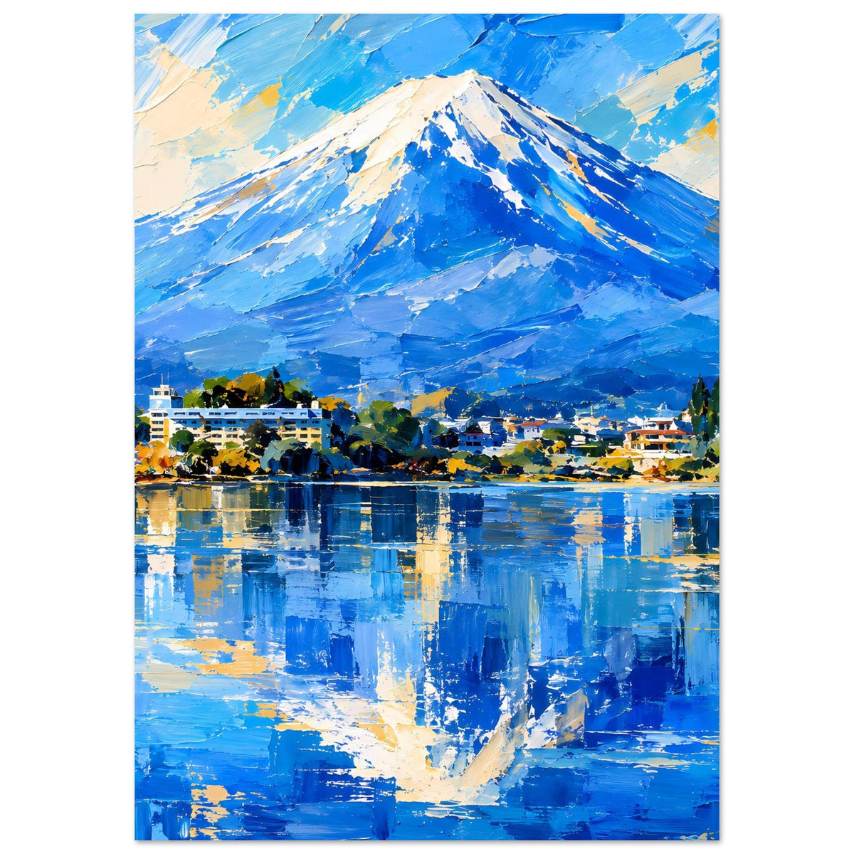Landschaftsposter im Hochformat mit blauem Berg, Stadt am See und farbigen Wasserreflexionen