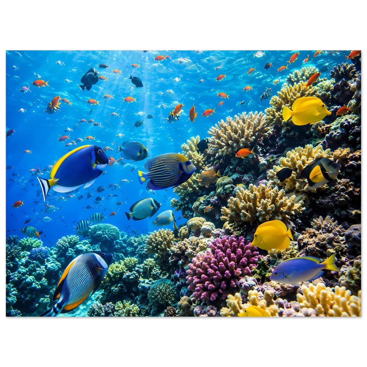 Wandposter mit Korallenriff und tropischen Fischen, zahlreiche gelbe Fische rechts