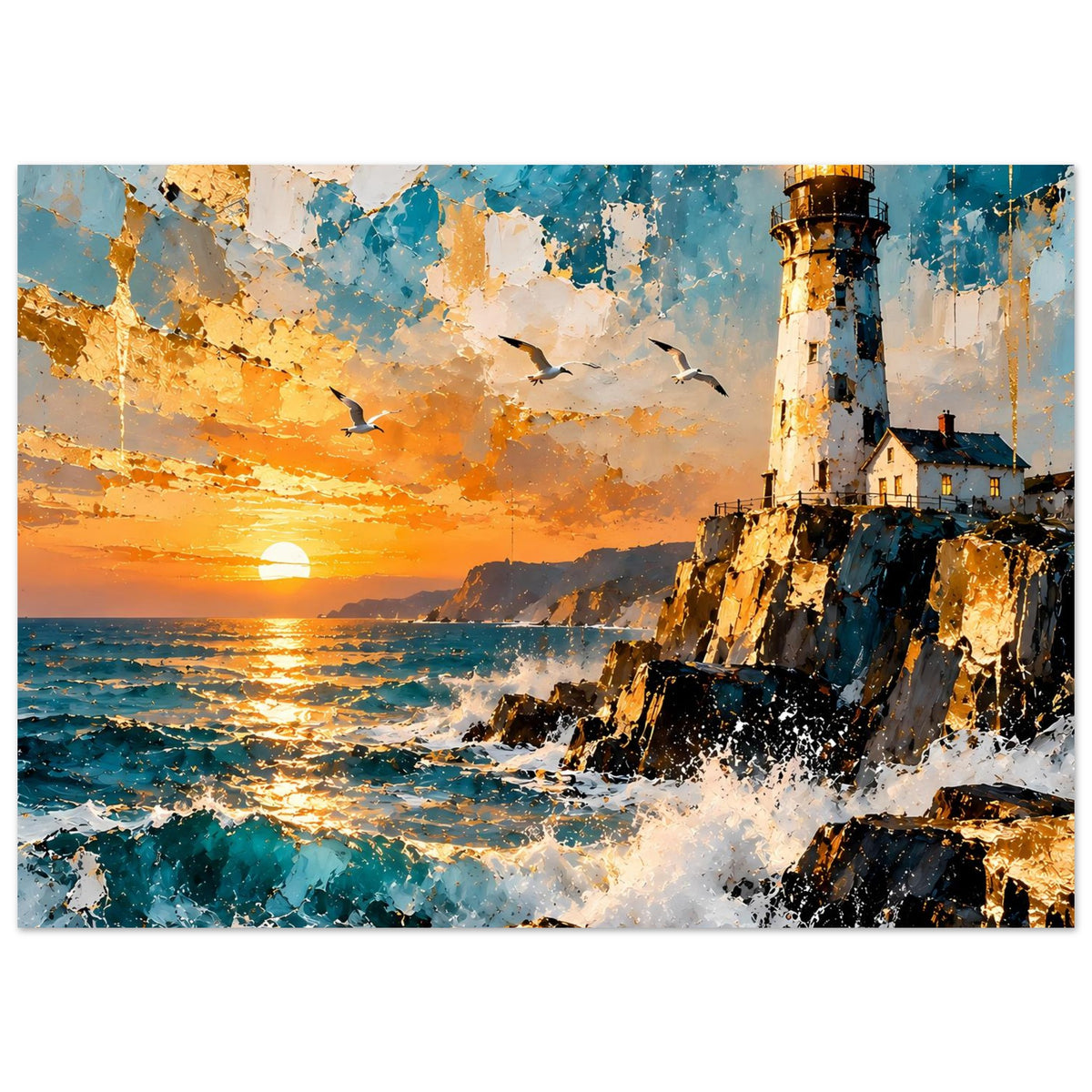 Horizontales Poster: Leuchtturm am Felsufer, Abendsonne am Meer, farbige Spritzer